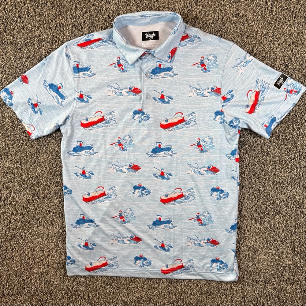 Waggle Mens Small Lake Life Golf Performance Blue Polo Boat/Jet Ski Stretch - Picture 2 of 6